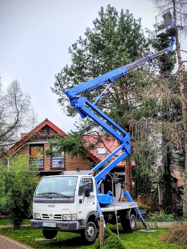 Mały podnośnik koszowy idealny do pracy w trudno dostępnych miejscach na posesji.